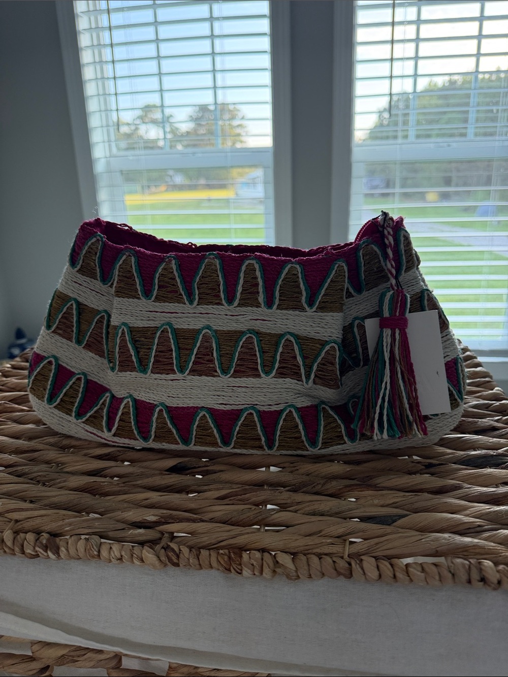 Zara Handwoven Clutch — Pink, Teal & Natural Stripes